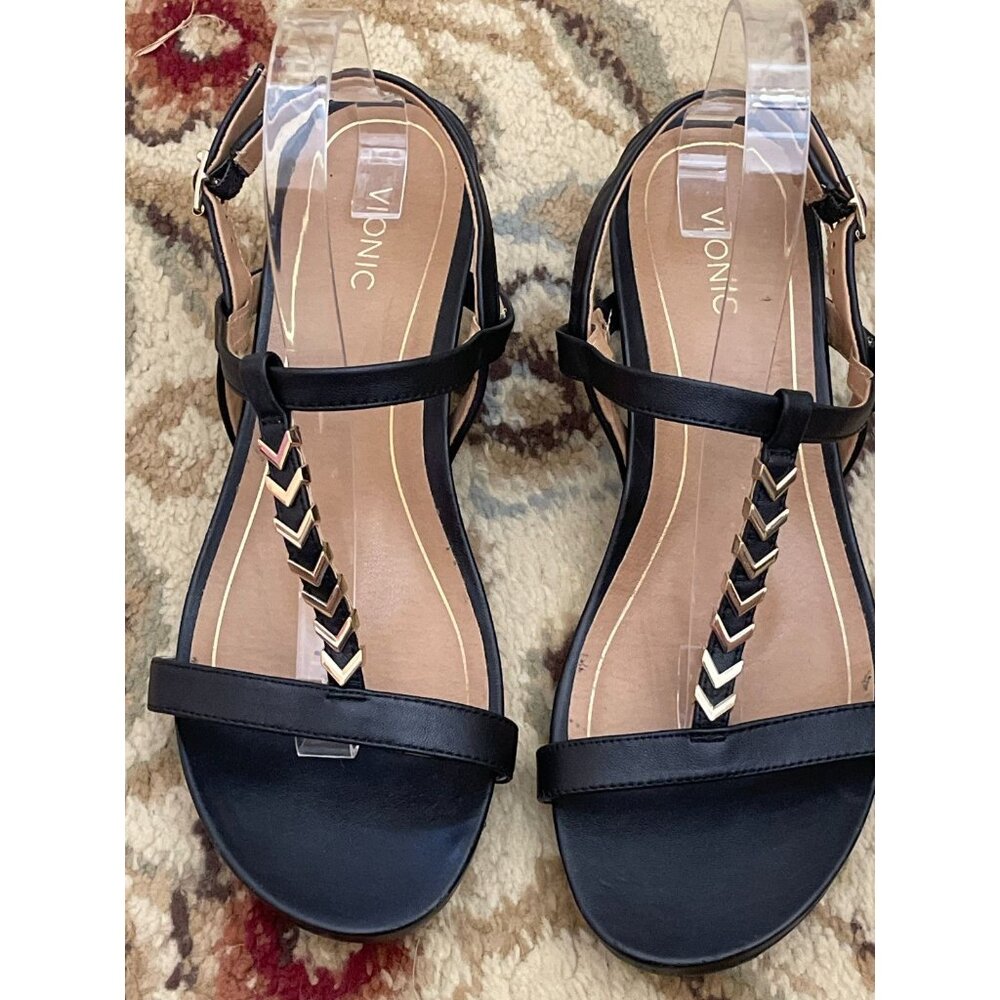 Vionic Black Leather T‑Strap Sandals with Gold Chevron Trim